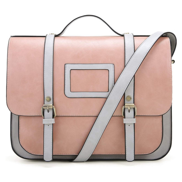 Women Briefcase Vintage Three carrying options Crossbody Messenger Bag PU Leather Satchel Purse for work, school, banquet,Pink