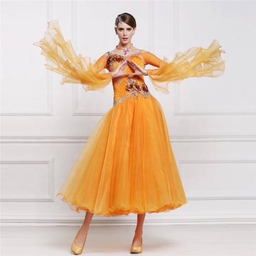 B-14764 New style round neck orange ballroom dance wear competition ballroom dance dress for women