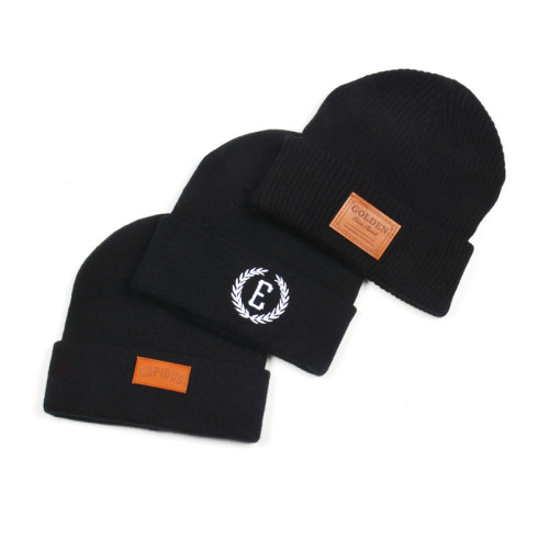 Plain Thick Warm knitted beanie ribbed beanie knit beanie with leather patch