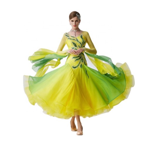 B-19567 Yellow-green gradient ballroom standard dance dress competition ballroom waltz dresses ballroom dance dress for sale