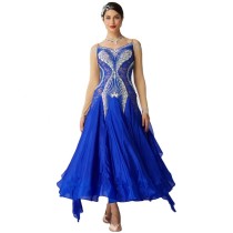B-2090 Competition international standard ballroom dance dress performance blue pearl silk childrens ballroom dance dress