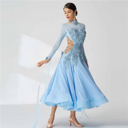 B-19602 Sky blue ballroom dress waltz modern dance dress Rhinestones standard ballroom dancing clothes tango competition dress