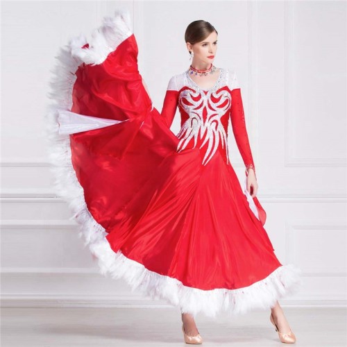 B-18429 Red Plume Embrace Standard Dance Skirt Custom Ostrich Feather Ballroom Smooth Competition Dance Dress For Sale