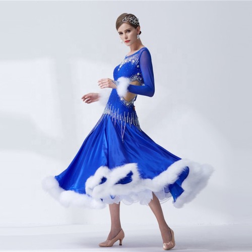 B-19591 Customize ballroom dance dress competition dress ballroom dance woman with pearl silk and white rabbit feather