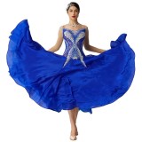 B-2090 Competition international standard ballroom dance dress performance blue pearl silk childrens ballroom dance dress