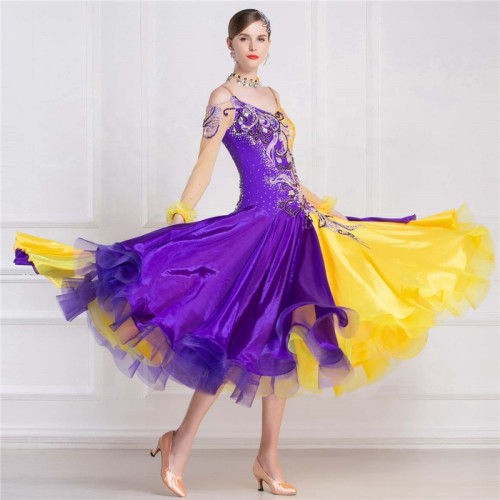 B-18115 Custom Yellow Mosaic Purple Pearl Silk Ballroom Performance Dress Hot Sale Applique Ballroom Competition Dress