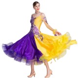 B-18115 Custom Yellow Mosaic Purple Pearl Silk Ballroom Performance Dress Hot Sale Applique Ballroom Competition Dress