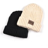 High quality winter different colors beanie cap with leather patch custom