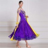 B-18115 Custom Yellow Mosaic Purple Pearl Silk Ballroom Performance Dress Hot Sale Applique Ballroom Competition Dress
