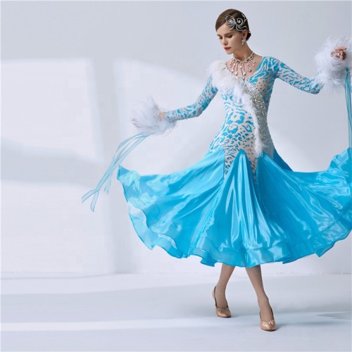 B-1999 British imported fabric blue ballroom party dress custom high quality ballroom standard smooth waltz dress for adult