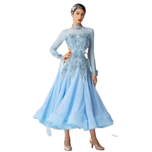 B-19602 Sky blue ballroom dress waltz modern dance dress Rhinestones standard ballroom dancing clothes tango competition dress