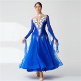 B-19612 Customize blue international standard ballroom dance dress organza competition dress for ballroom dancing for children