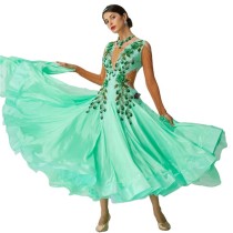 B-2015 Custom New Standard Elegant Latin Dance Dress Competition Long Ballroom Dancing Dress With Pearl Silk For Women