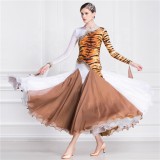 B-18254 Custom tiger pattern stitching ballroom competition costume color contrast long ballroom dance dress for sale