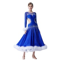 B-19591 Customize ballroom dance dress competition dress ballroom dance woman with pearl silk and white rabbit feather