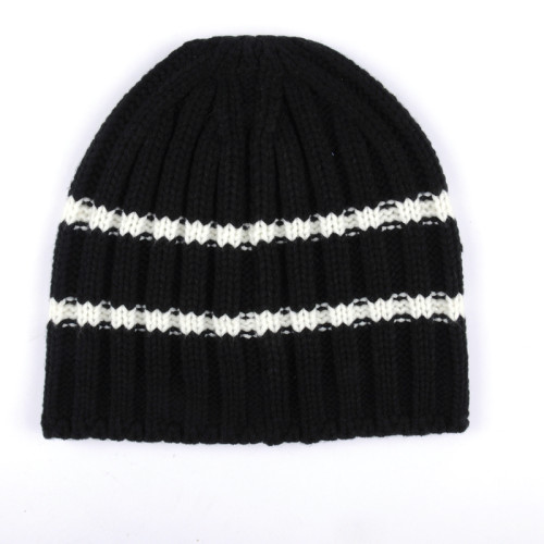 100% acrylic black and white plain knit beanie hat
