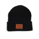 Acrylic Brown Leather Patch Beanie/Leather Patch Knit Beanie