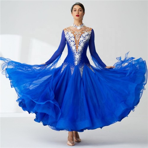 B-19612 Customize blue international standard ballroom dance dress organza competition dress for ballroom dancing for children