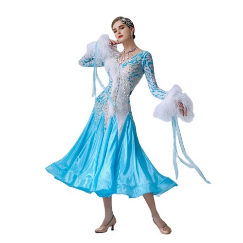 B-1999 British imported fabric blue ballroom party dress custom high quality ballroom standard smooth waltz dress for adult