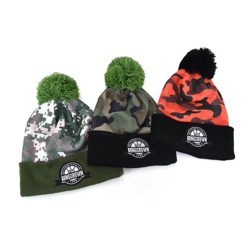 winter warm stylish acrylic wholesale custom camouflage printing beanie hats with top ball