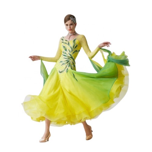 B-19567 Yellow-green gradient ballroom standard dance dress competition ballroom waltz dresses ballroom dance dress for sale