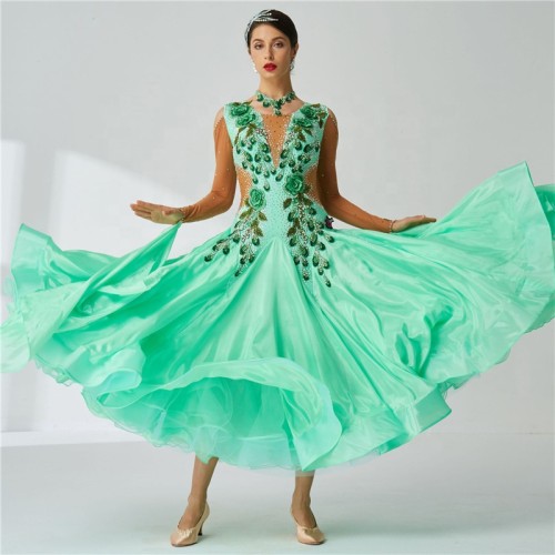 B-2015 Custom New Standard Elegant Latin Dance Dress Competition Long Ballroom Dancing Dress With Pearl Silk For Women