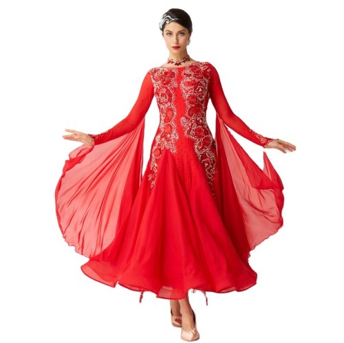 B-2019 Custom smooth dance dresses high quality competition red chiffon ballroom dance dresses from China