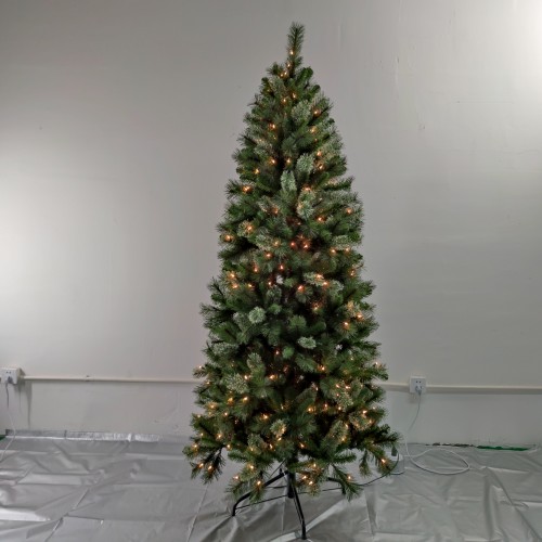 Best selling Prelit 7ft Pencil Slim PVC Pine Needle Mixed Artificial Christmas Tree with Lights Metal Base