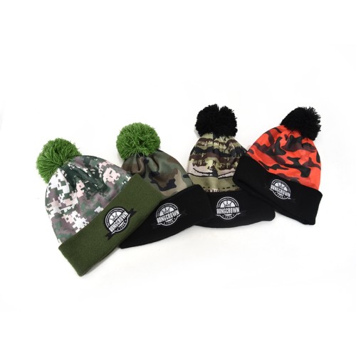 winter warm stylish acrylic wholesale custom camouflage printing beanie hats with top ball