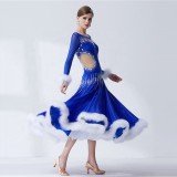 B-19591 Customize ballroom dance dress competition dress ballroom dance woman with pearl silk and white rabbit feather