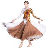 B-18254 Custom tiger pattern stitching ballroom competition costume color contrast long ballroom dance dress for sale