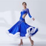 B-19591 Customize ballroom dance dress competition dress ballroom dance woman with pearl silk and white rabbit feather