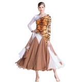 B-18254 Custom tiger pattern stitching ballroom competition costume color contrast long ballroom dance dress for sale