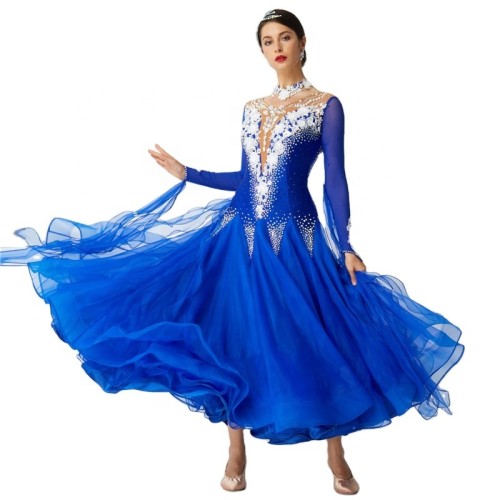 B-19612 Customize blue international standard ballroom dance dress organza competition dress for ballroom dancing for children