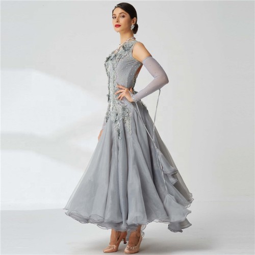 B-2052 High Quality Gray Standard Ballroom Smooth Dress High-end Custom Waltz Tango Dress For Competition