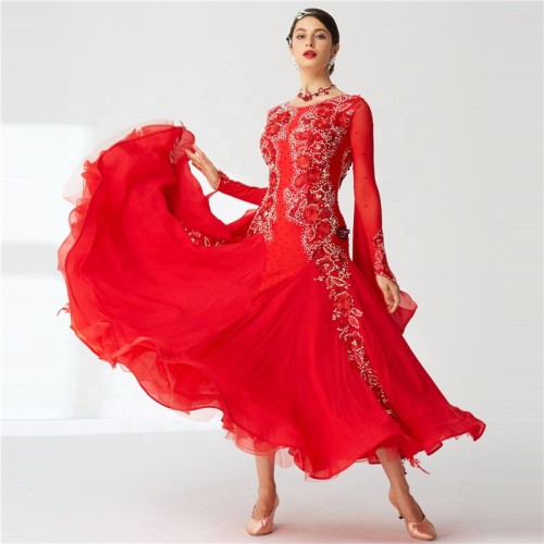 B-2019 Custom smooth dance dresses high quality competition red chiffon ballroom dance dresses from China