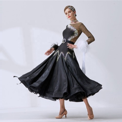 B-19447 High-end high quality pearl silk ballroom Latin dance dress custom black competition ballroom dresses for girls