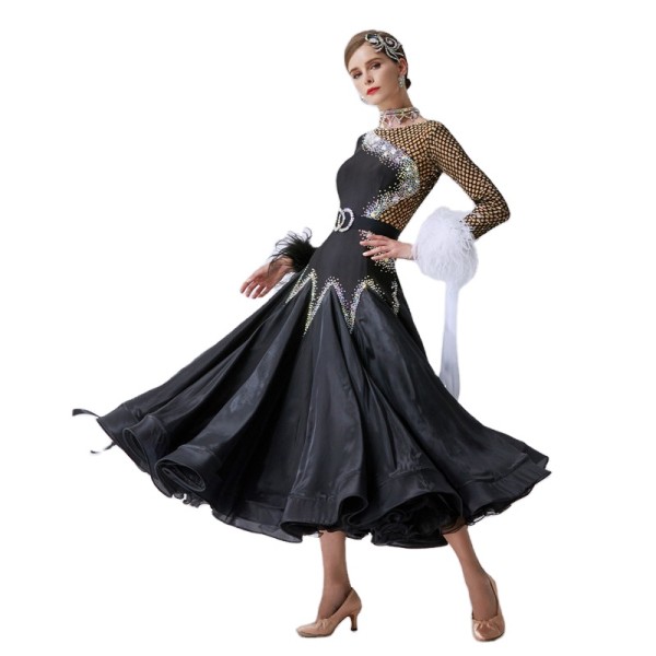 B-19447 High-end high quality pearl silk ballroom Latin dance dress custom black competition ballroom dresses for girls