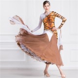 B-18254 Custom tiger pattern stitching ballroom competition costume color contrast long ballroom dance dress for sale