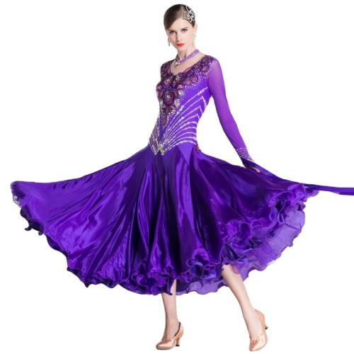 B-18396 Purple Gown with Pearl Ballroom Smooth Competition Dance Dress High-end Ballroom & Latin Dance Dresses For Adult