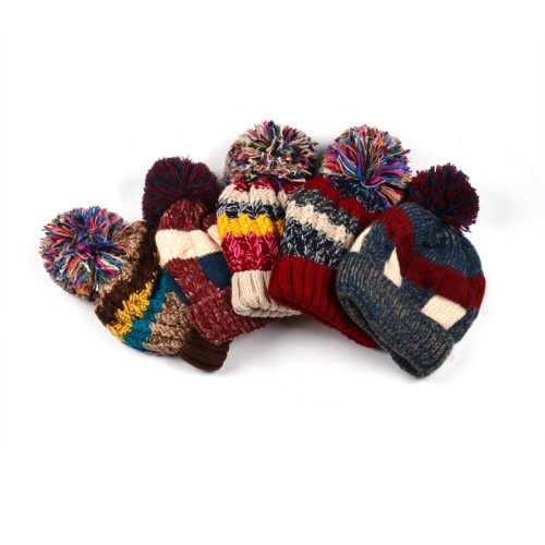 Design multi mixed colored lines beanie cap with pompoms