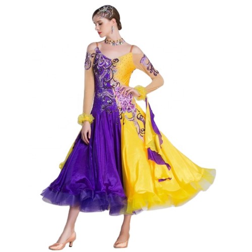B-18115 Custom Yellow Mosaic Purple Pearl Silk Ballroom Performance Dress Hot Sale Applique Ballroom Competition Dress