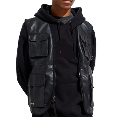 Wholesale Custom logo high quality Man Leather Black Utility vest with Pockets