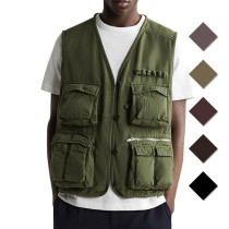 Khaki green cotton canvas utility men vest v-neck  with pockets