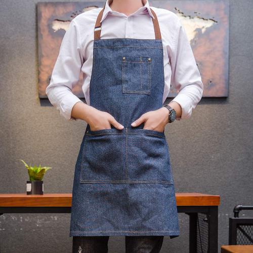 Wholesale High Quality Leather Blue Denim BBQ Adjustable Bib Coffee Garden Apron