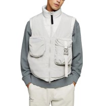 Men multiple pockets sleveless grey utility nylon padded winter jacket vest