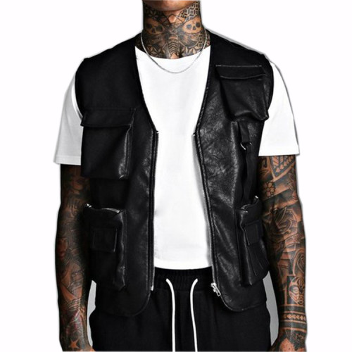 HOT SELL wholesale custom high quality mens fuax leather vest with utility cargo pockets