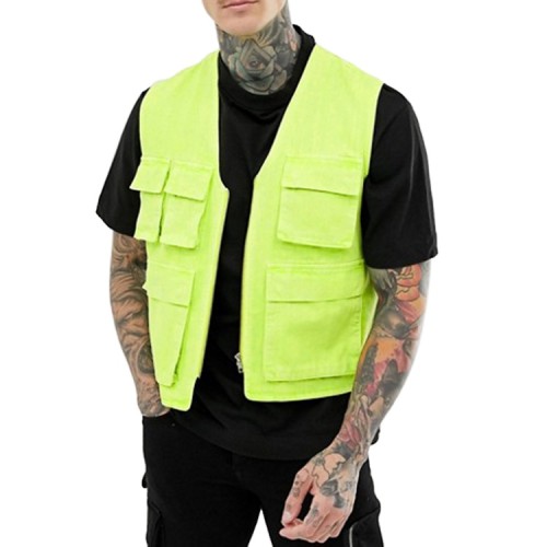 Canvas fabric mens sleeveless neon green vest with utility pockets
