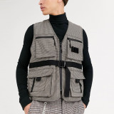 Custom design mens plaid utility regular fit functional pocket zipper fly cargo gilet vest