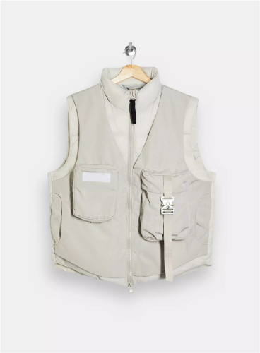 Men multiple pockets sleveless grey utility nylon padded winter jacket vest